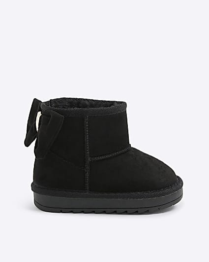 Mini Girls Black Suedette Bow Fur Lined Boots