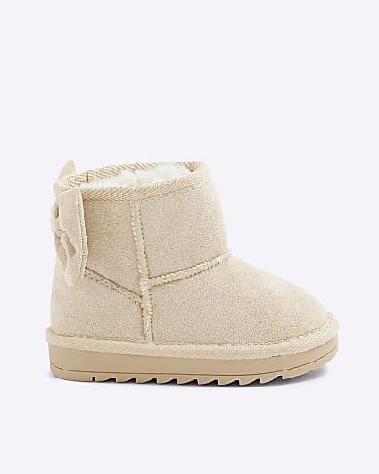 Mini Girls Cream Suedette Bow Fur Lined Boots