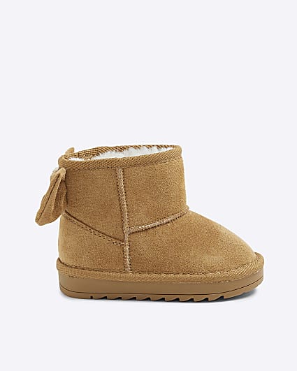 Mini Girls Beige Suedette Bow Fur Lined Boots