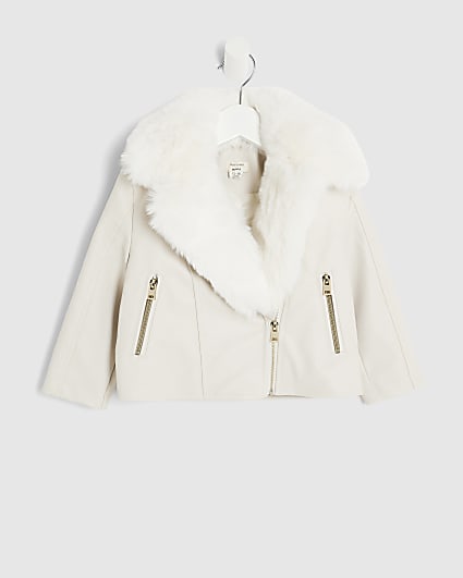 Mini Girls Cream Faux Leather Biker Jacket