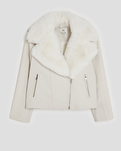 Girls Cream Faux Fur Collared Biker Jacket