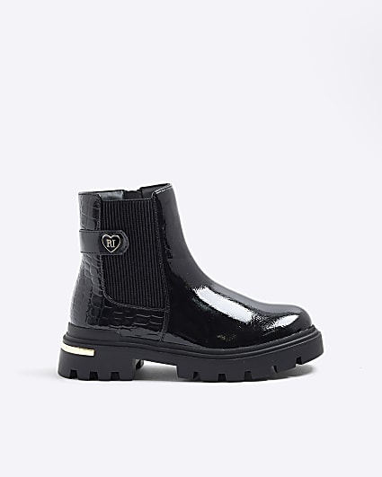 Girls Black Heart Strap Chelsea Boots