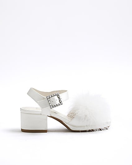 Girls White Feather Heeled Sandals