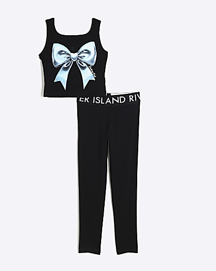 Girls Black Bow Tank Top And Leggings Set