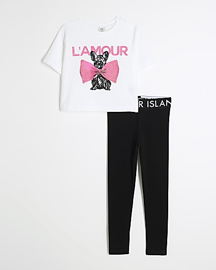 Girls White Dog T-Shirt And Leggings Set