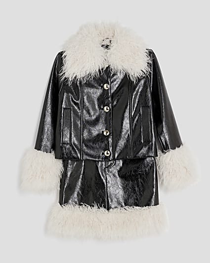 Girls Black Shaggy Faux Leather Skirt Set