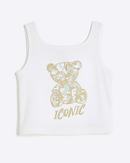 Girls White Camouflage Bear Tank Top