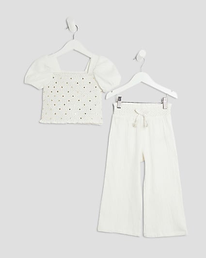 Mini Girls White Sequin Top And Trousers Set