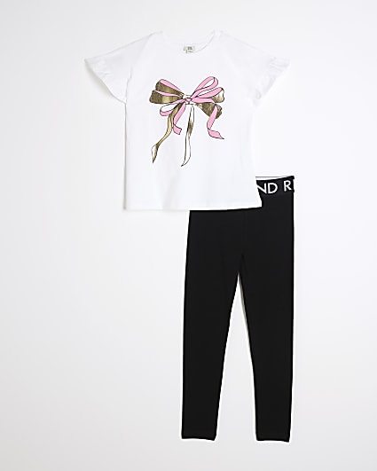 Girls White Bow T-shirt And Leggings Set