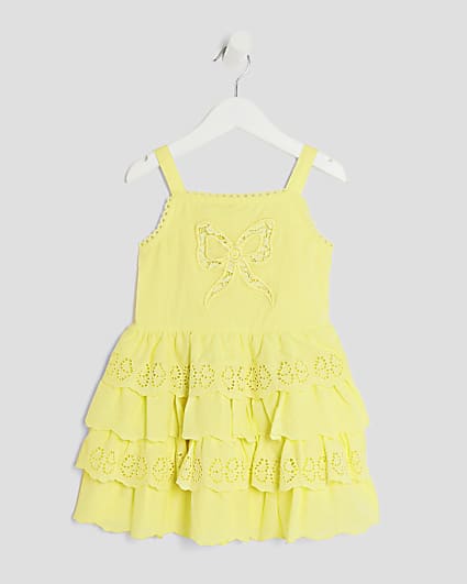 Mini Girls Yellow Broderie Frill Bow Dress