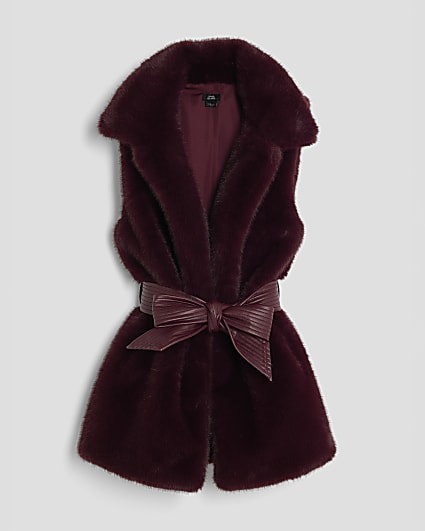 Girls Red Faux Fur Belted Gilet