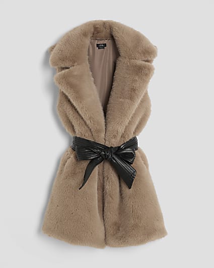Girls Brown Faux Fur Belted Gilet