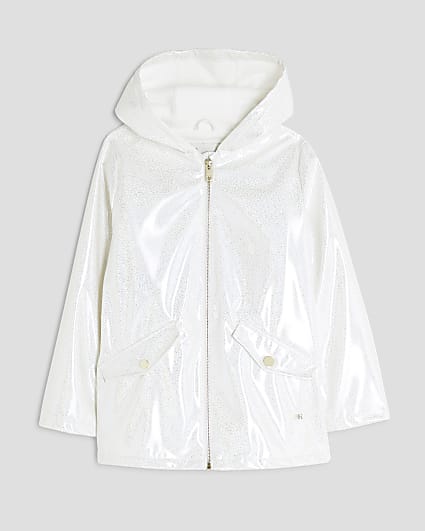 Girls White Glitter Rain Mac