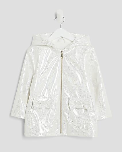 Mini Girls White Bow Glitter Rain Mac