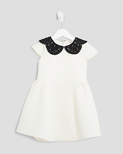 Mini Girls Cream Collar Bow Back Dress