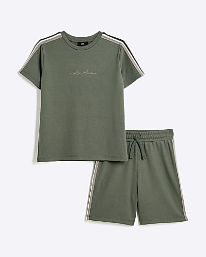 Boys Khaki Taped T-Shirt And Shorts Set