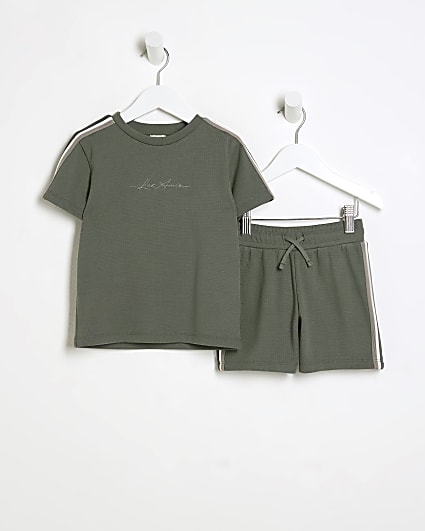 Mini Boys Khaki Taped T-Shirt And Shorts Set