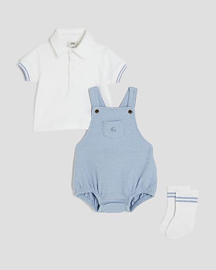 Baby Boys Blue Textured Romper 3 Piece Set