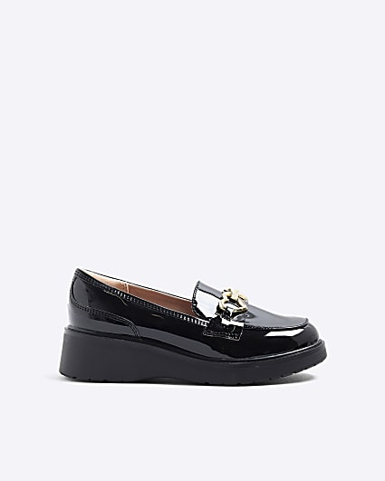 Girls Black Wedged Bow Loafers