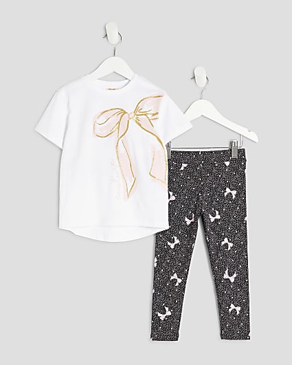 Mini Girls White Bow T-shirt And Legging Sets