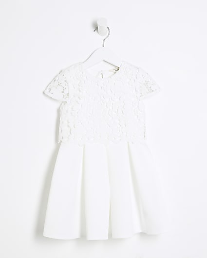 Mini Girls White Floral Lace Skater Dress