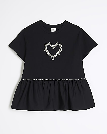 Girls Black Diamante Heart Peplum T-Shirt