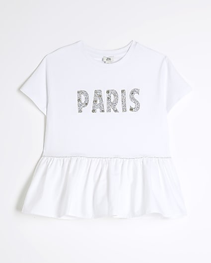 Girls White Diamante Paris Peplum T-Shirt