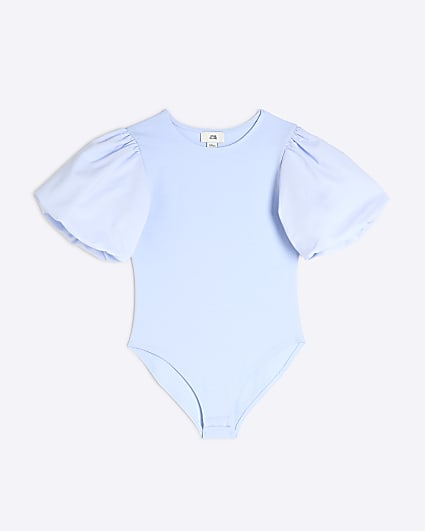 Girls Blue Puff Sleeve Bodysuit