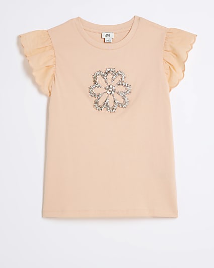 Girls Coral Diamante Daisy Frill T-shirt