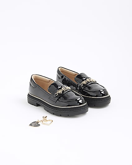 Girls Black Charm Flower Heart Chain Loafers