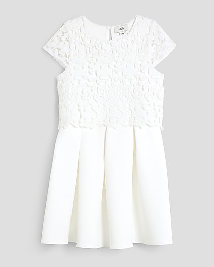 Girls White Lace Scuba Skater Dress