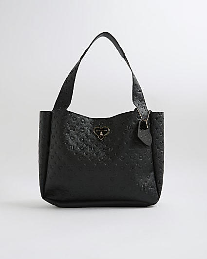 Girls Embossed Black Shopper Bag