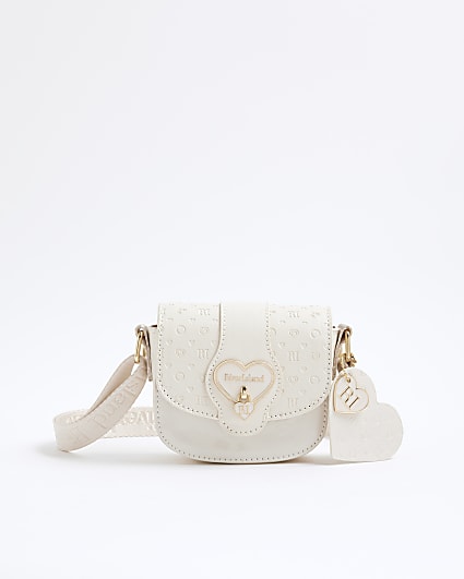 Girls Cream Monogram Heartlock Cross Body Bag