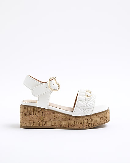 Girls White Chain Cork Wedge Sandals