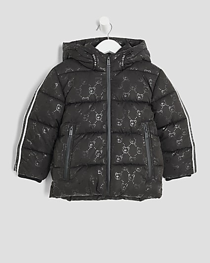 Mini Boys Black Bear Print Padded Coat