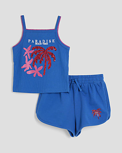Girls Blue Sequin Palm Tree Tank Top Set