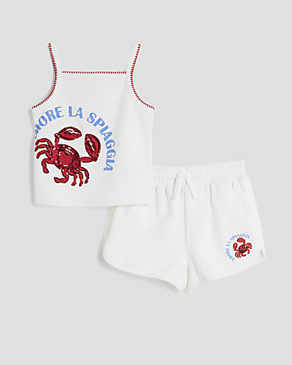 Girls White Sequin Crab Tank Top Set