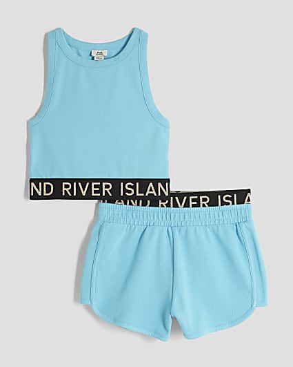 Girls Blue Glitter RI Waistband Tank Top Set