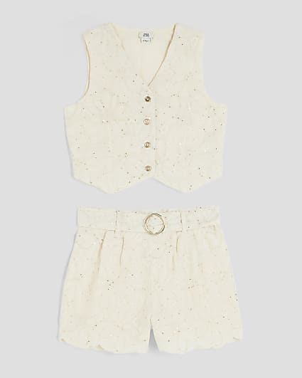 Girls Cream Waistcoat And Shorts Set
