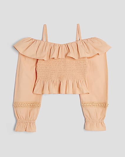 Girls Coral Bardot Long Sleeve Top