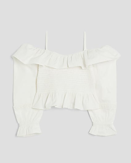 Girls White Bardot Long Sleeve Top