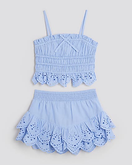 Girls Blue Broderie Top And Skort Set