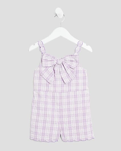 Mini Girls Purple Gingham Bow Playsuit