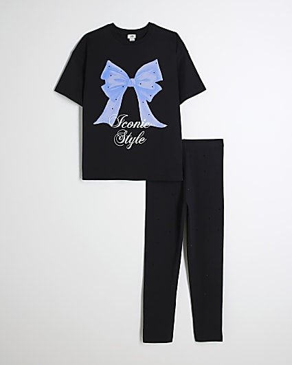 Girls Black Bow T-Shirt And Leggings Set