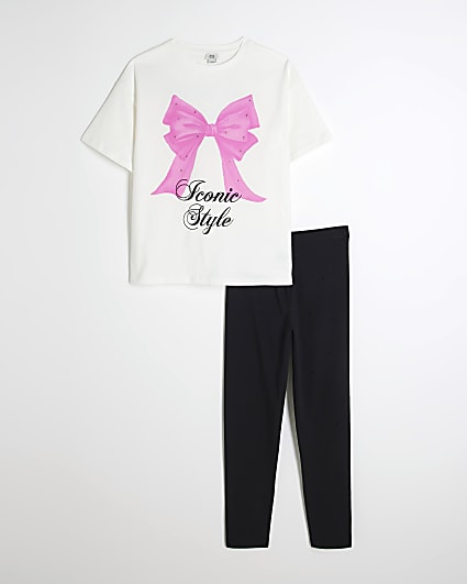 Girls White Bow T-Shirt And Leggings Set