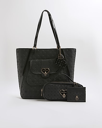 Girls Black Heart Lock Shopper Bundle Bag