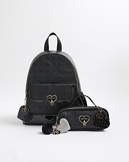 Girls Black Heart Lock Backpack Bundle Bag