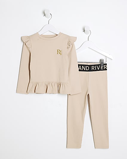 Mini Girls Beige Ribbed Top Set