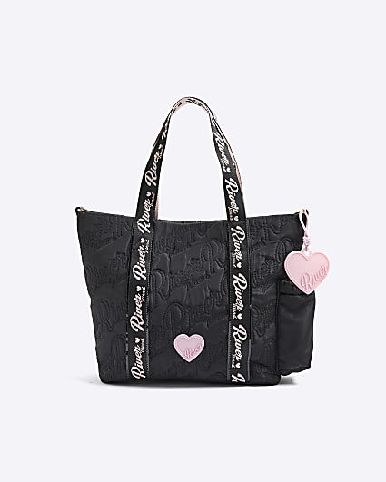 Girls Black Nylon Script Shopper Bag