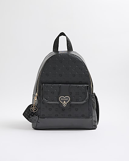 Girls Black Cream Heart Lock Pocket Backpack